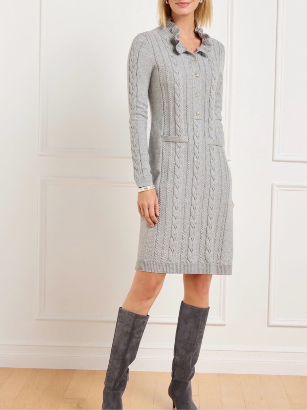 Talbots Light Gray Cable-Knit Ruffle Collar Dress sz L NWT